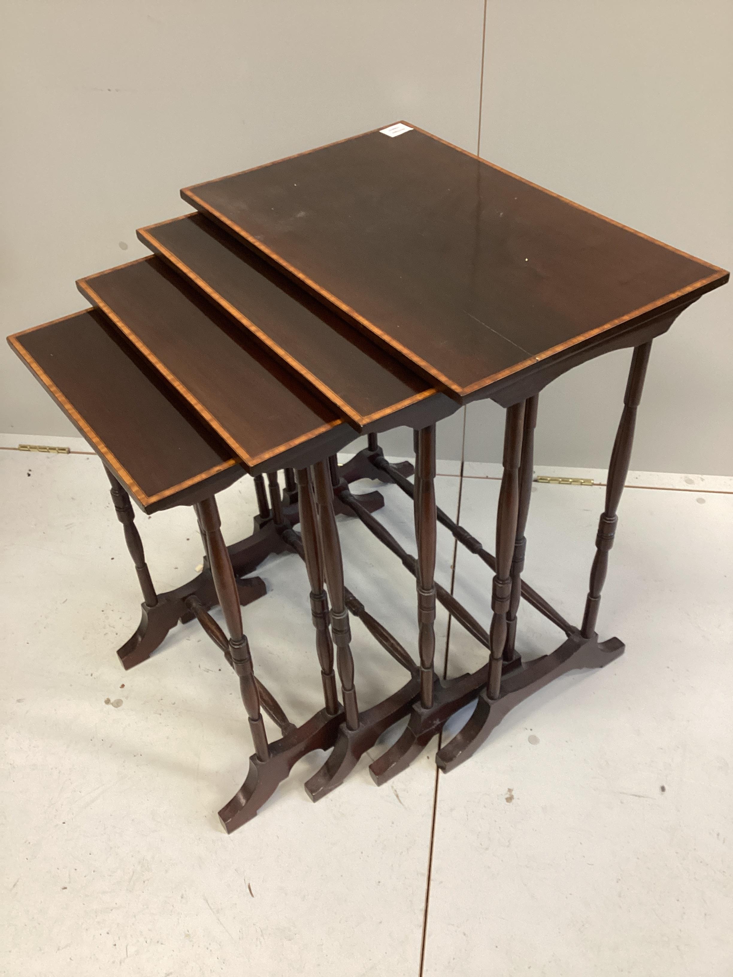 A quartetto of Edwardian satinwood banded rectangular mahogany tea tables, width 61cm, depth 38cm, height 68cm